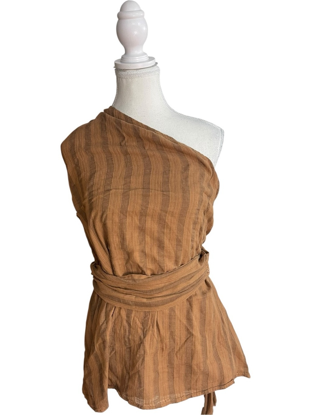 Zara Asymmetric One-Shoulder Striped Wrap Top Tunic Brown